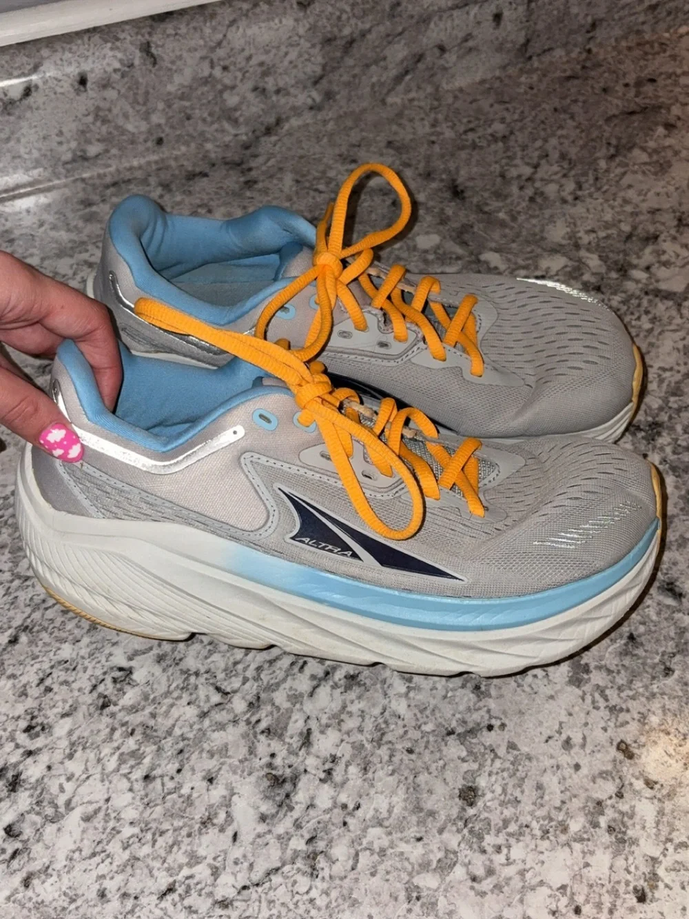 Altra Women's Gray Shoes with Blue Accents and Orange Laces